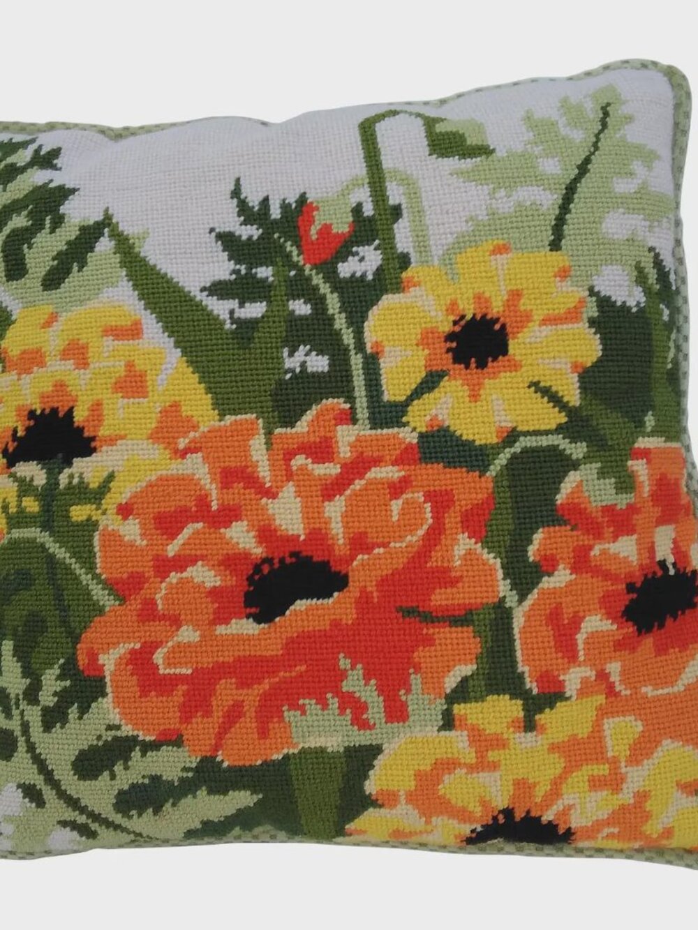 Vintage 1970s Orange and Yellow Floral Needlepoint Pillow